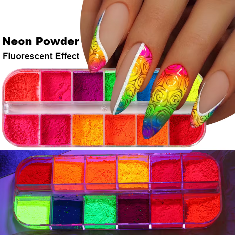 2 boîtes de pigments pour ongles arc-en-ciel néon