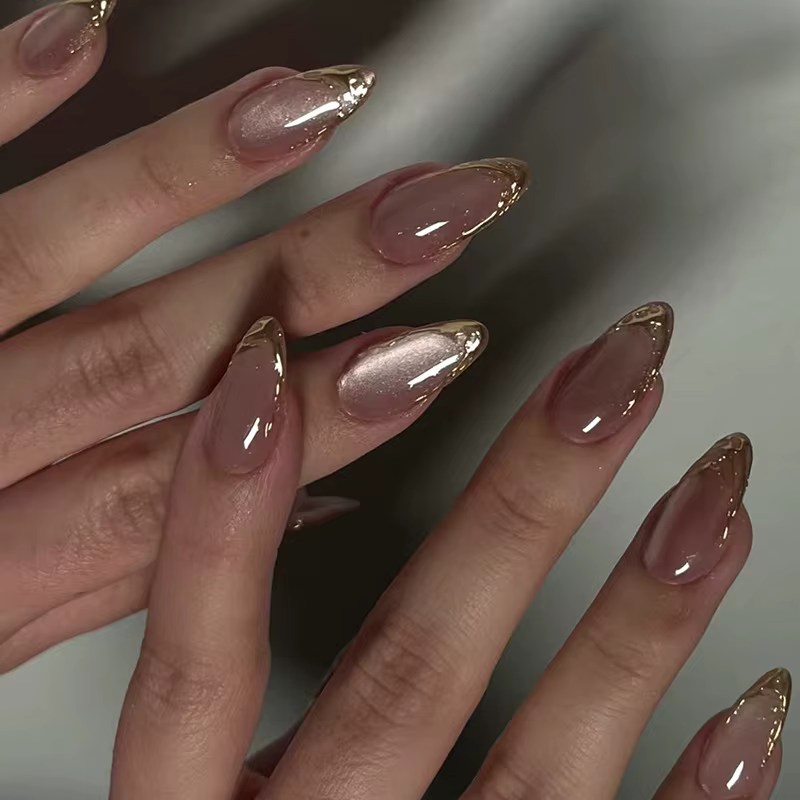 24 pièces métallique oeil de chat français transparent manucure pointe Art texturé 3D acrylique faux ongles nu rose
