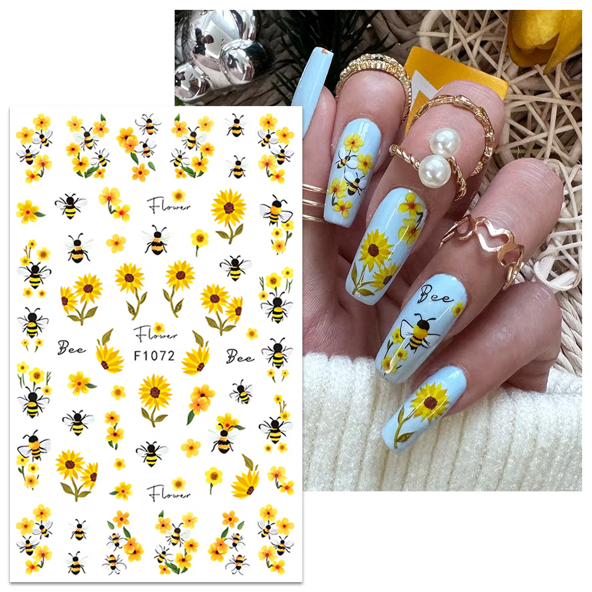 2 autocollants pour ongles abeille tournesol printemps et été