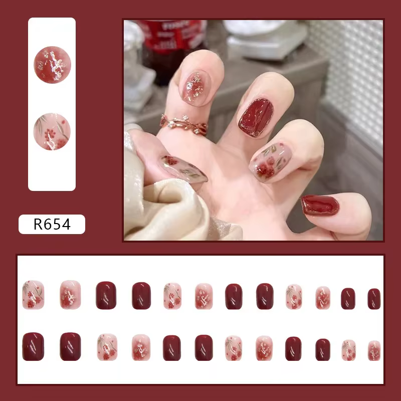 24 pièces faux ongles avec Design faux ongles carrés courts avec breloques de colle auto-ongle Rose rouge décoré ongles acryliques presse sur 2025