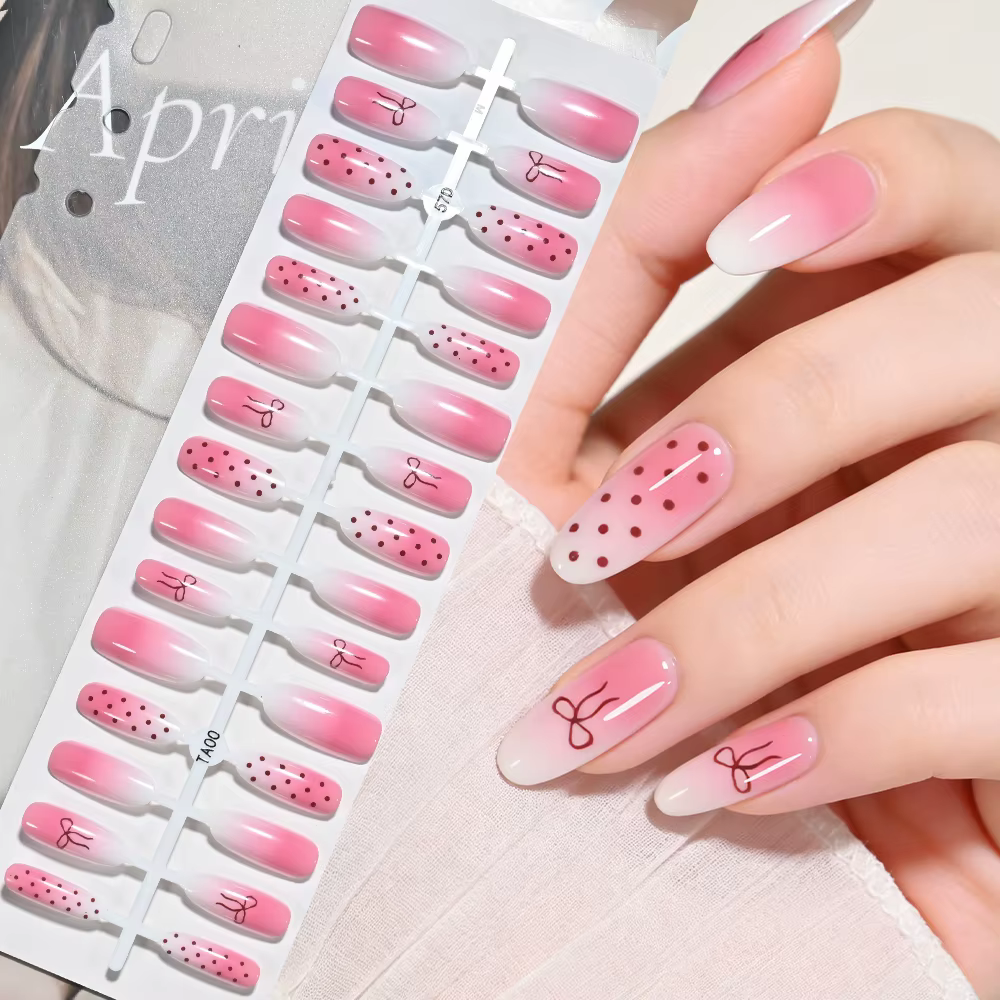 120/150 pièces Faux ongles français ovales moyens dégradés rose bleu
