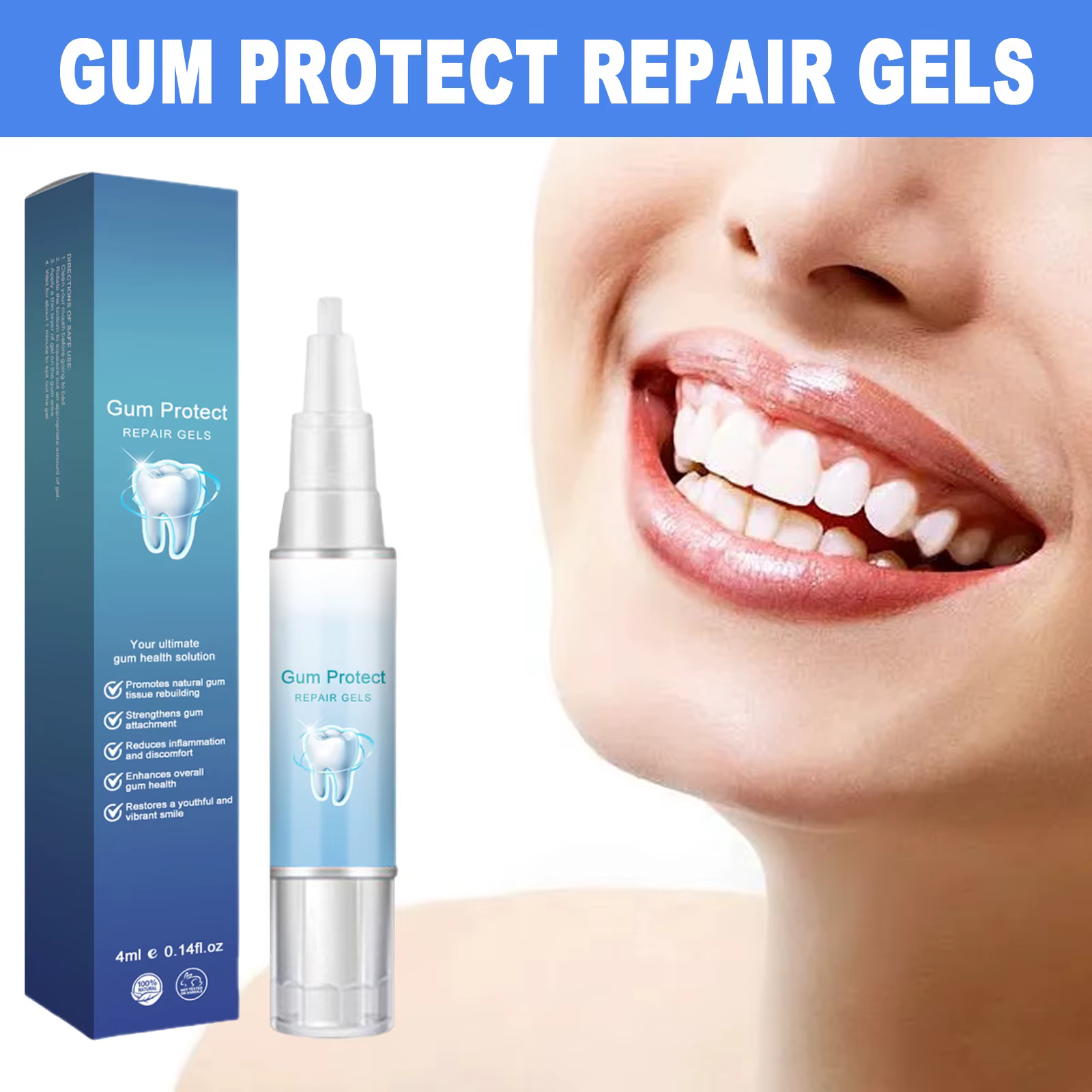 Gel réparateur dentaire, haleine fraîche, renforce les gencives, réduit la pigmentation, élimine les taches dentaires, protection des gencives, soulage les douleurs buccales, soins bucco-dentaires