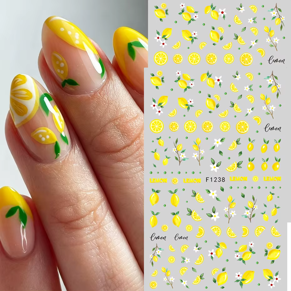 Autocollants pour ongles en forme de tranches de citron jaunes