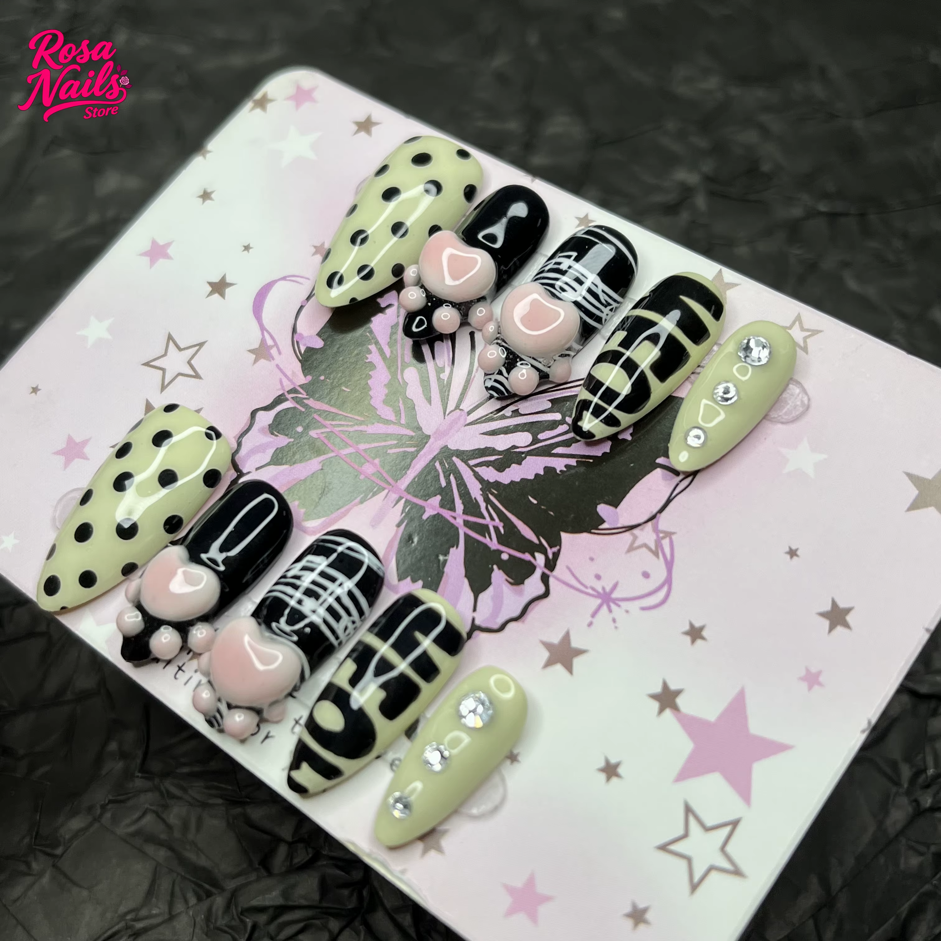 10 pièces presse à la main sur les ongles 3D patte tampons noir blanc à pois