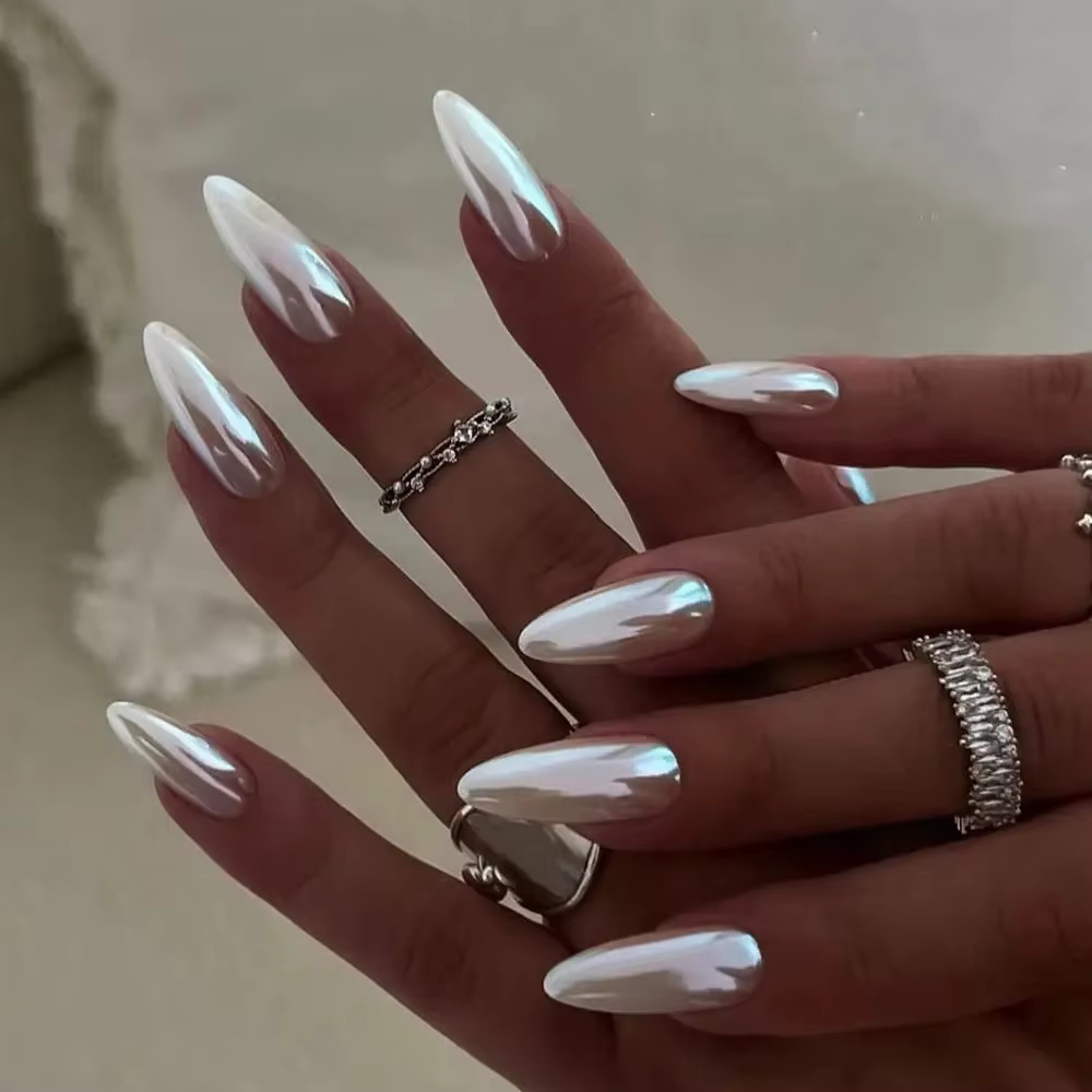 Perlescent scintillant rose français nu Nail Art élégant brillant amande faux ongles détachable fini