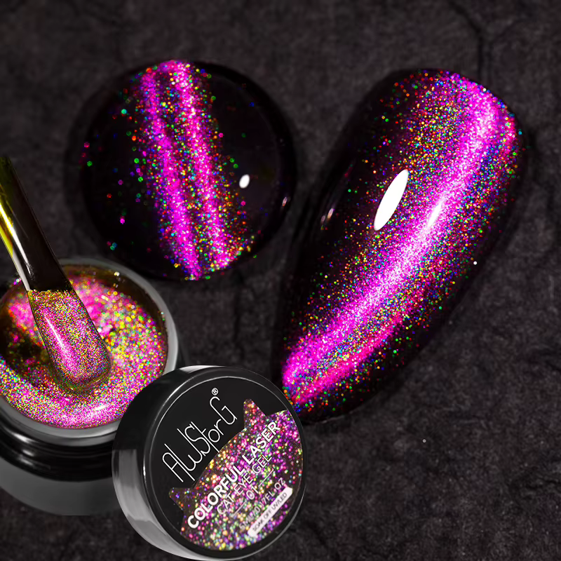 AWStorG 5ml Gel Oeil de Chat Laser Coloré Rose Lumineux Magnétique Vernis à Ongles Semi-Permanent Holographique Brillant Effet Argenté