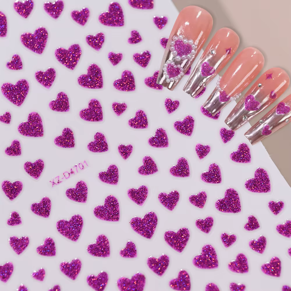 Autocollants pour ongles 5D à paillettes violettes pour la saint-valentin