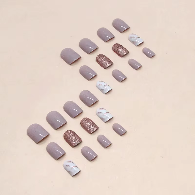 24 pièces d'ongles courts français brillants à paillettes avec 1 gel de gelée et 1 lime à ongles