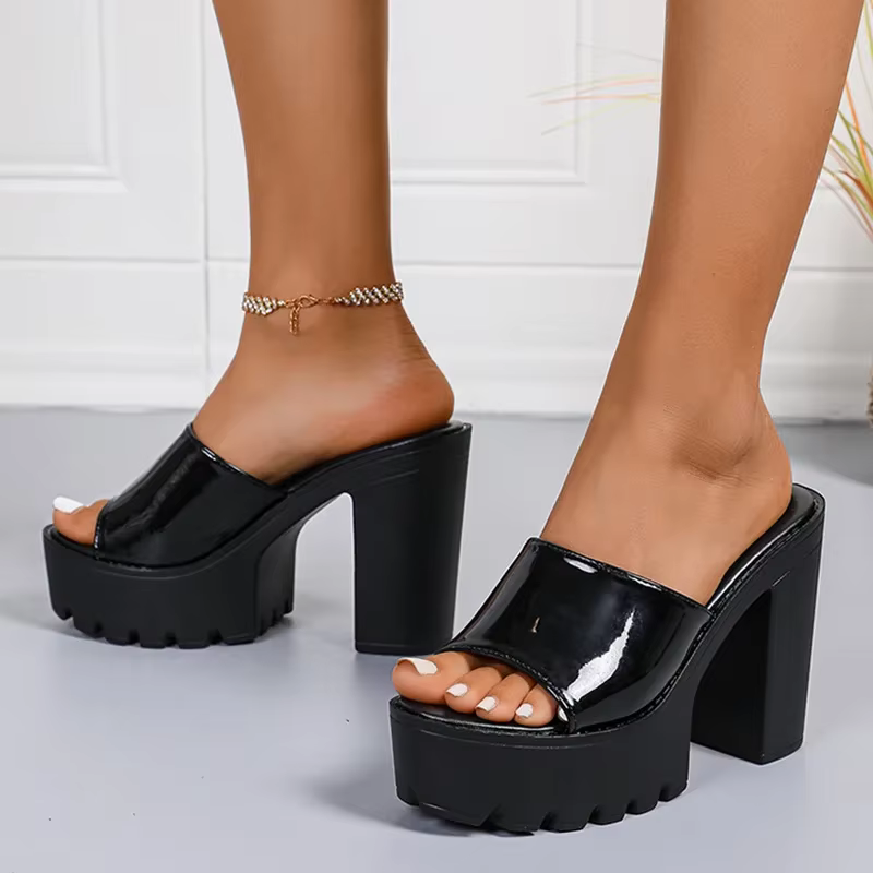Sandales à talons très hauts en cuir verni rouge bordeaux pour femme, mules à plateforme épaisse à enfiler, collection été 2026, grandes tailles