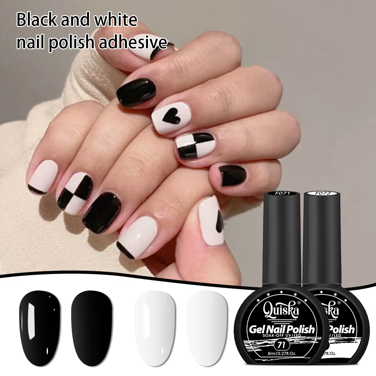 Quiska Lot de 2 vernis à ongles gel noir et blanc 8 ml semi-permanents à retirer par trempage UV LED