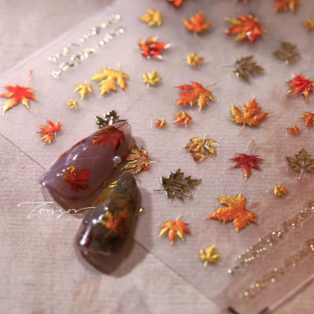 5D en relief gelée feuille d'érable Nail Art autocollant or rouge automne feuilles