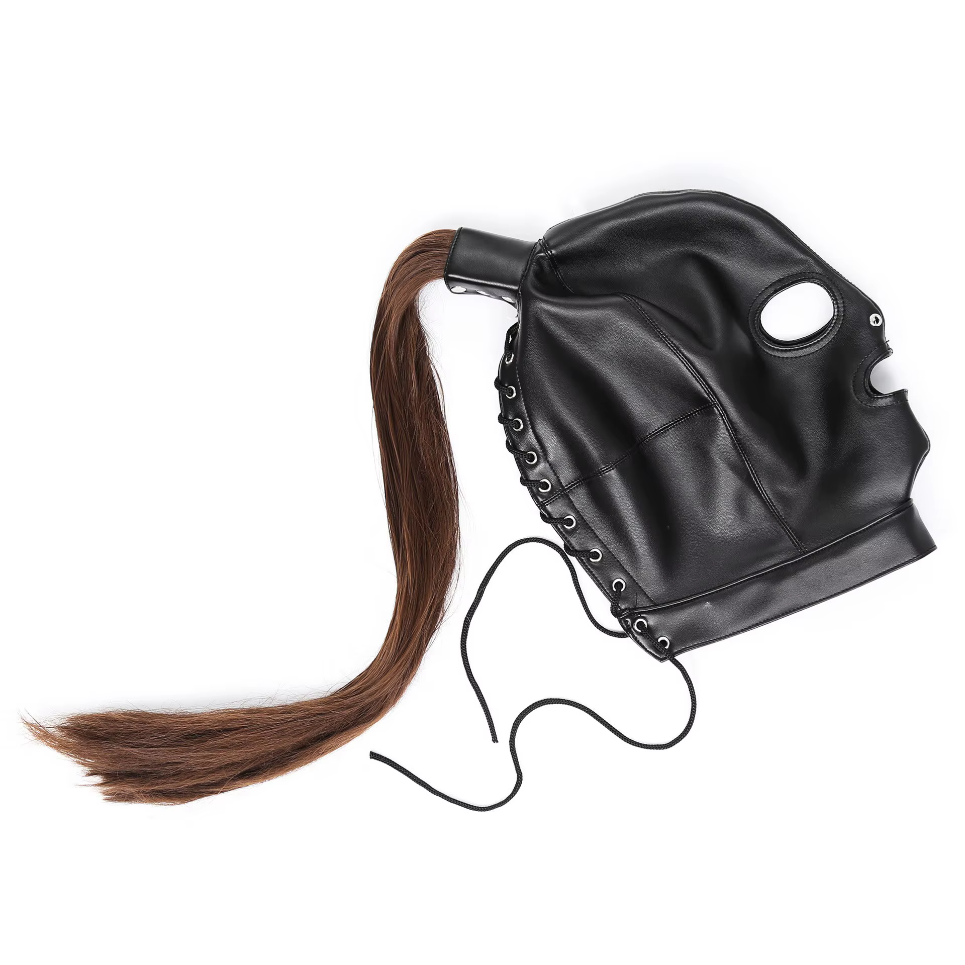 Masque fétiche en cuir unisexe avec cheveux, accessoires de jeu Steampunk, queue de cheval sexy, festival Rave, ceinture de poitrine, bondage, équipement de sauna