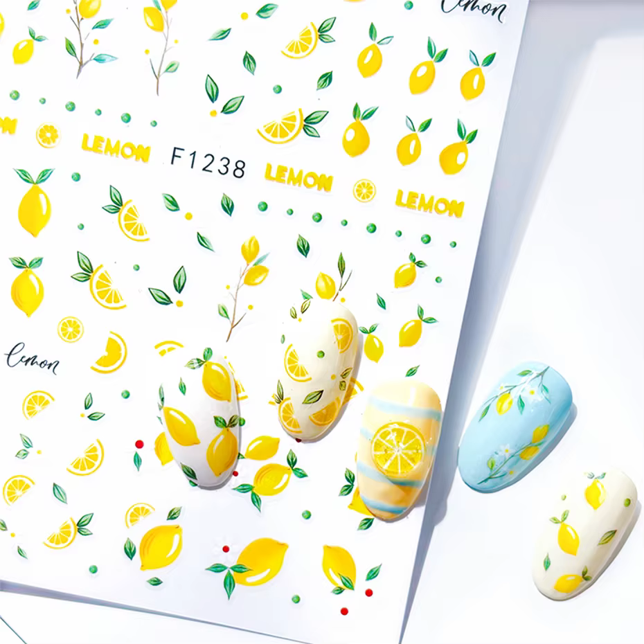 Autocollants pour ongles en forme de tranches de citron jaunes