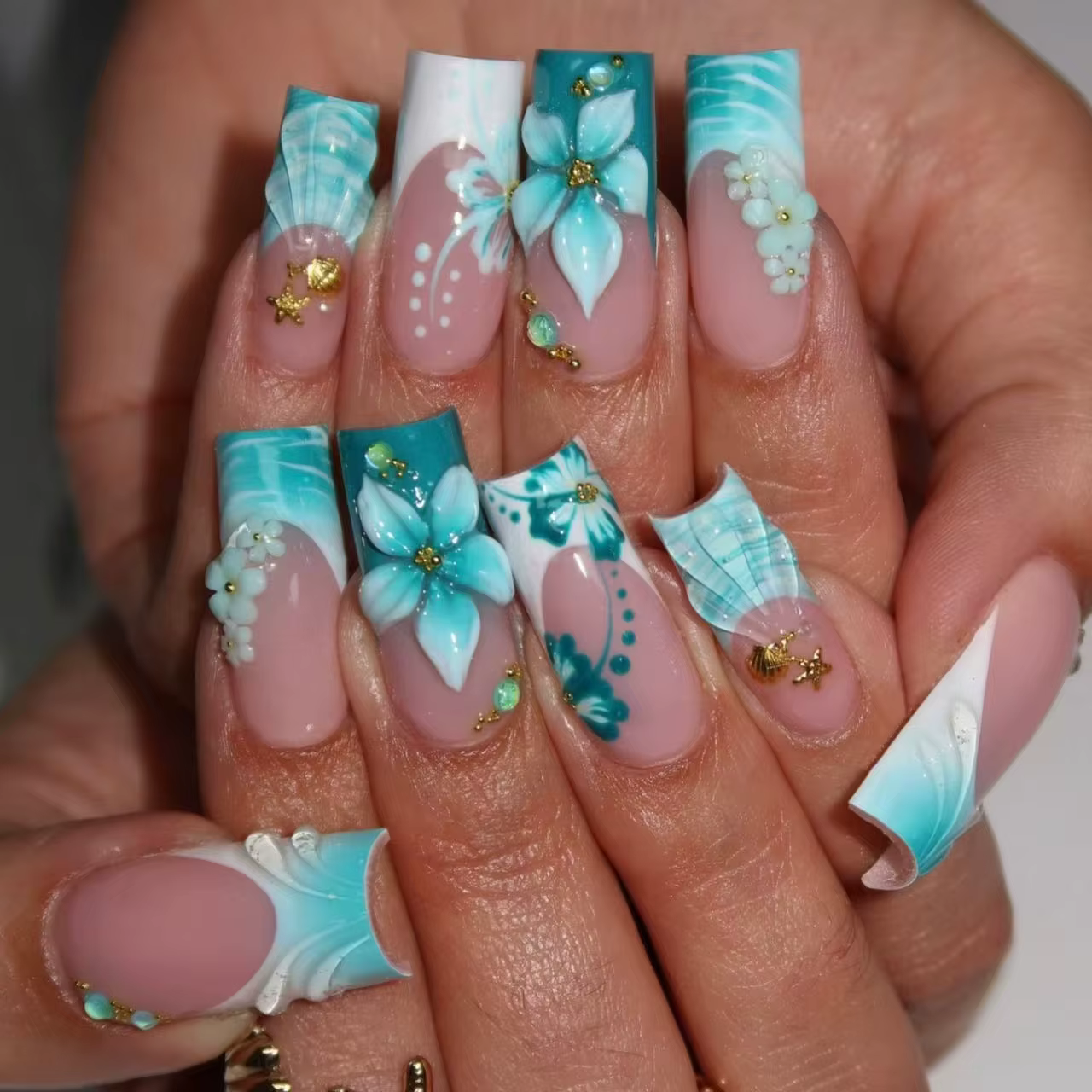 Faux ongles français à pression carrés moyens fleur 3D étoile de mer strass Design de pierres précieuses mignons printemps et été