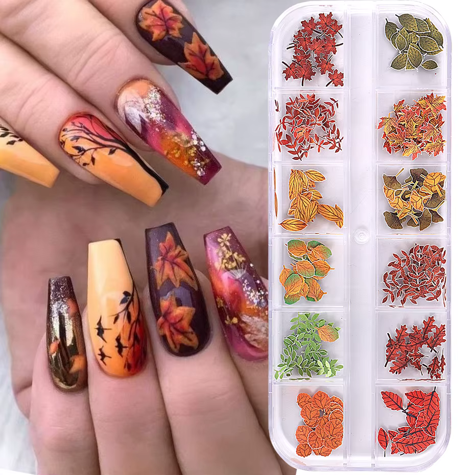 Ensemble de 12 grilles de fausses feuilles d'érable pour ongles