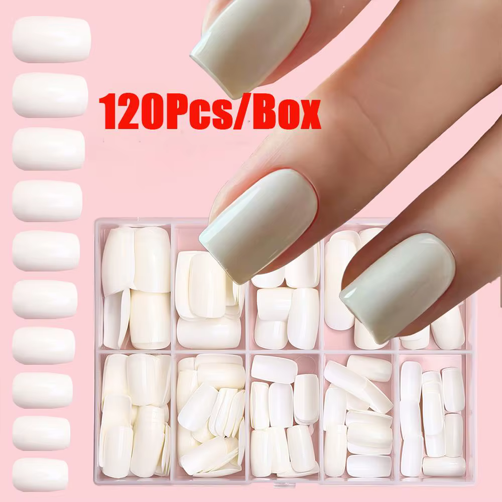 120 pièces/boîte blanc pur presse sur ongles 10 tailles court carré couverture complète faux
