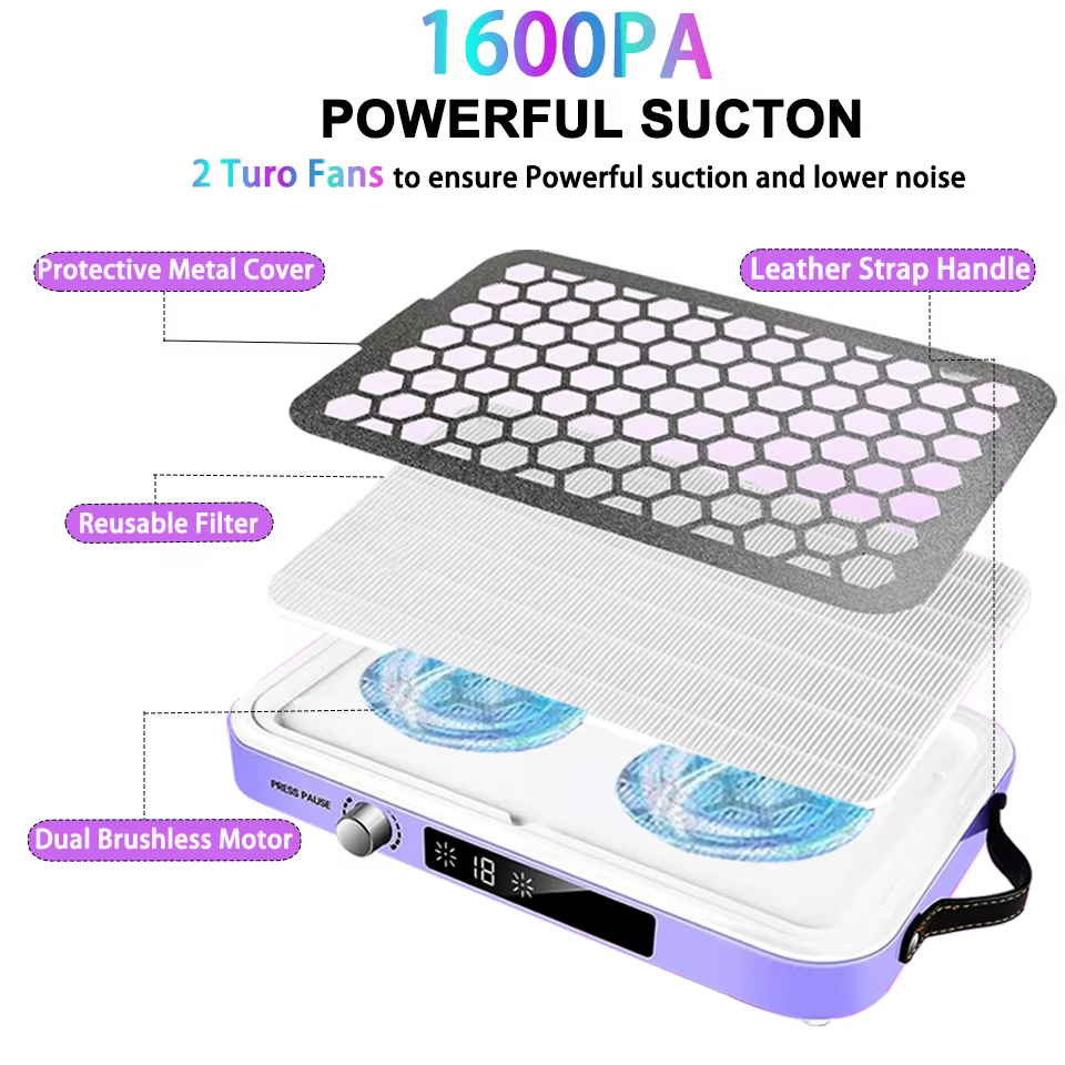Aspirateur collecteur de poussière pour ongles, avec double ventilateurs Turbo sans balais, affichage LED, dépoussiérage Portable à haute efficacité