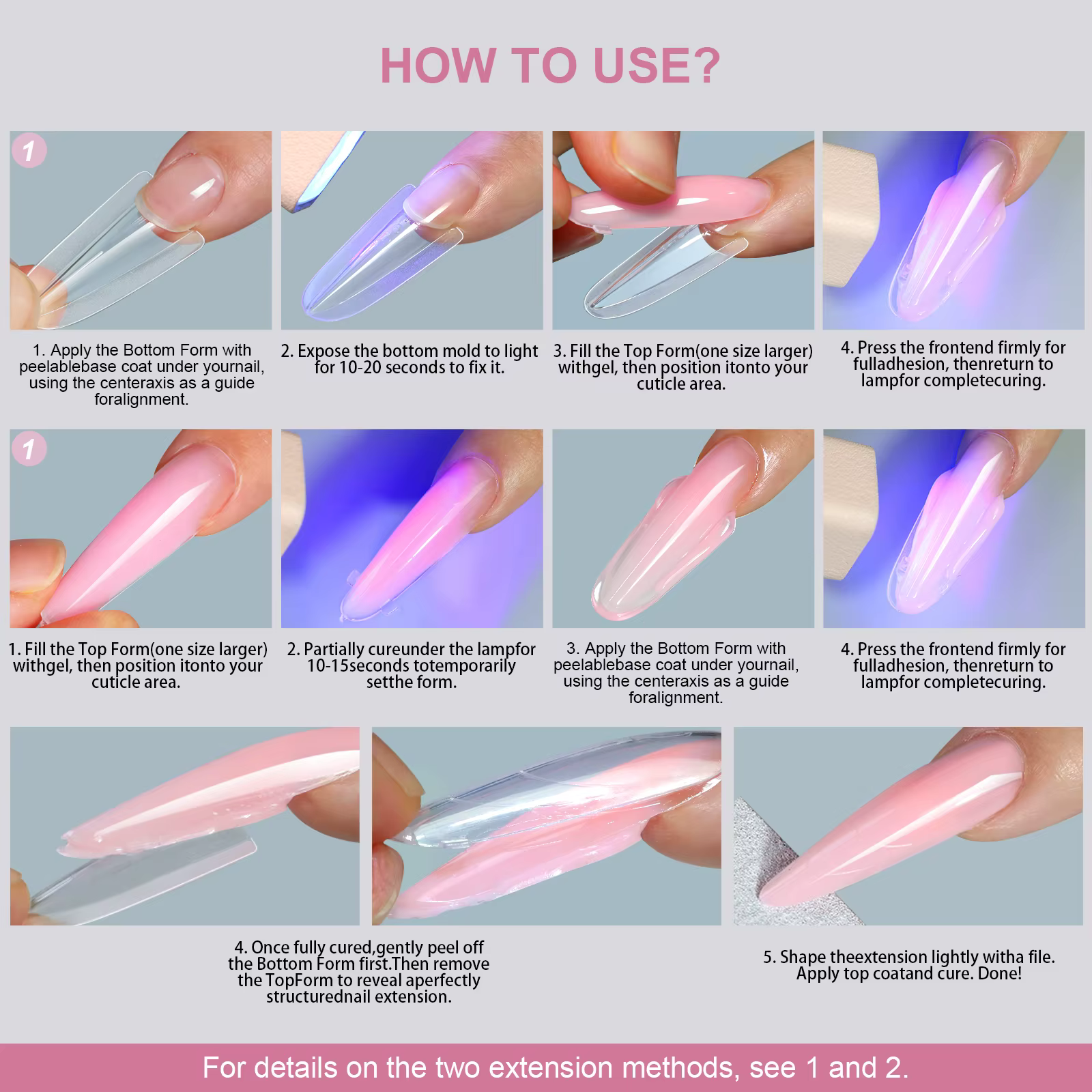 256 pièces/boîte – Formes à ongles sandwich double pour extension rapide – Système de construction en gel – Capsules d'extension d'ongles à couverture complète