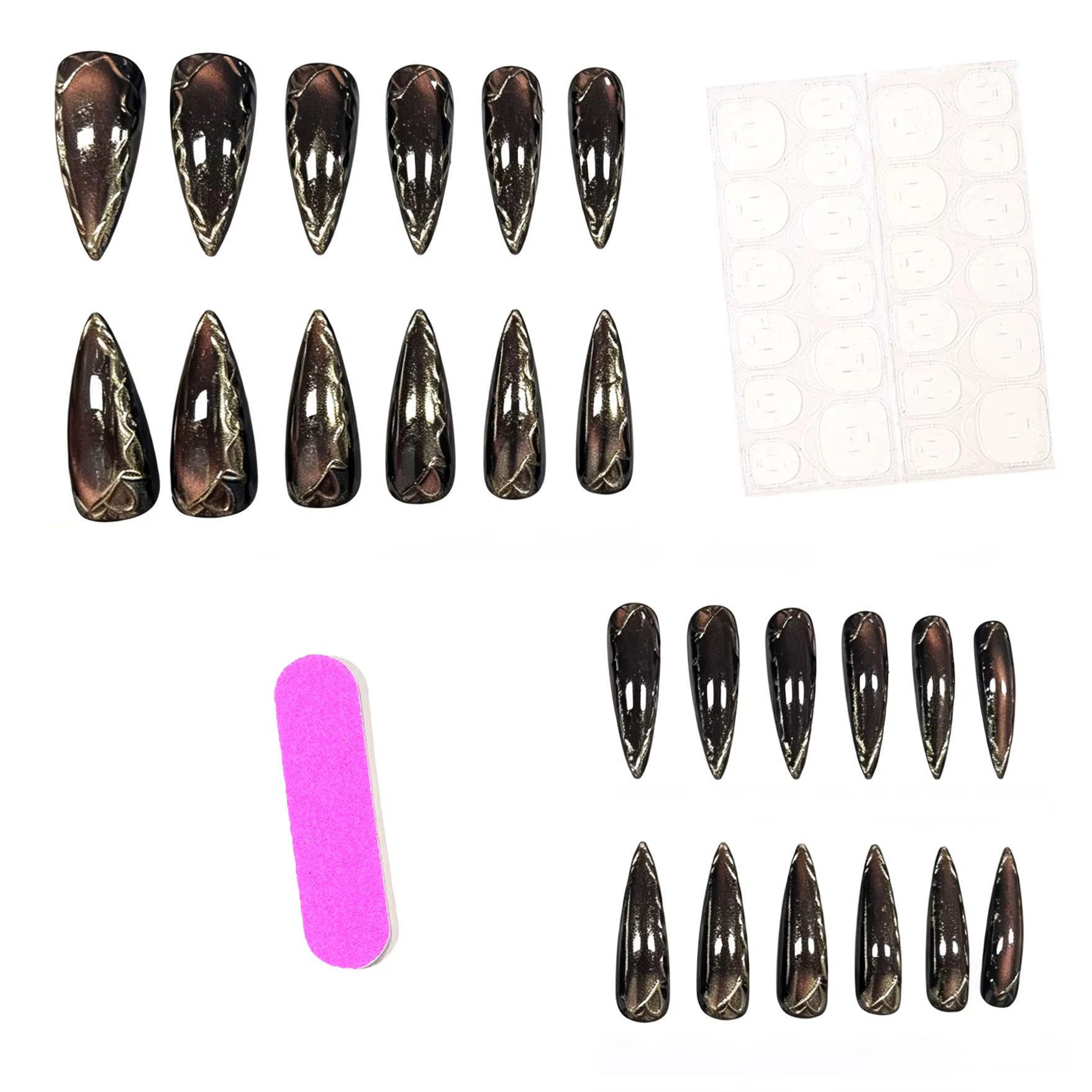 24 faux ongles longs en métal foncé style punk, effet œil de chat 3D marron