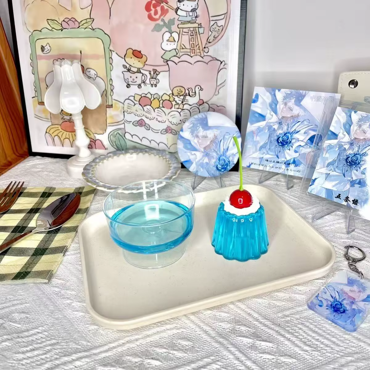 Accessoires photo de pudding simulé, Gumei Blue Bubble Fruit Jelly Pudding, dessert pour fille, décoration de chambre mignonne, ornement, accessoires de décoration, cadeau