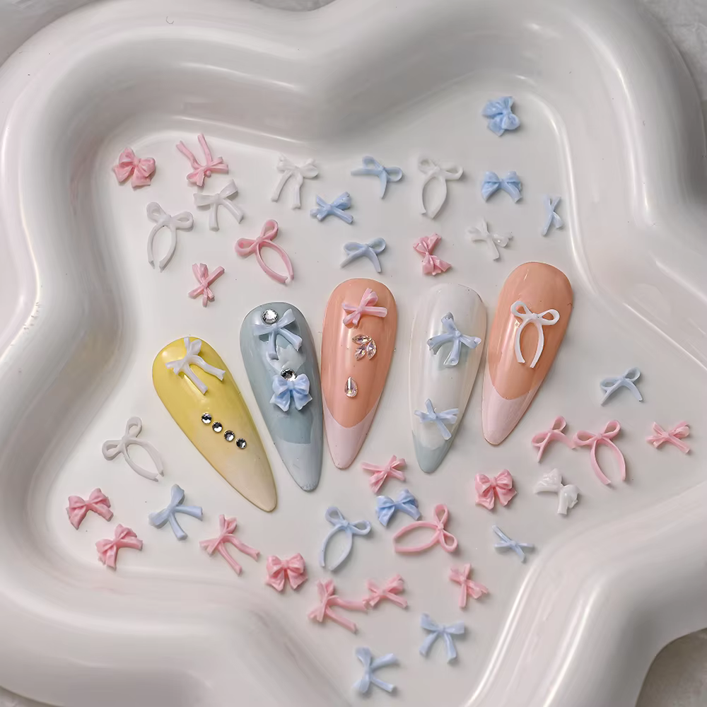 100 pièces 3D bébé bleu mixte nœud papillon Nail Art décorations résine doux ruban arcs ongles breloques pour bricolage artisanat manucure accessoires