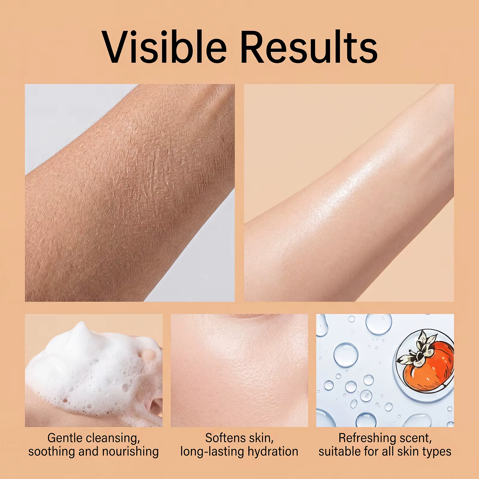 Gel douche au kaki, nettoyant doux, soin de la peau, hydratant en profondeur, rafraîchissant, pour tous les types de peau, fluide de bain