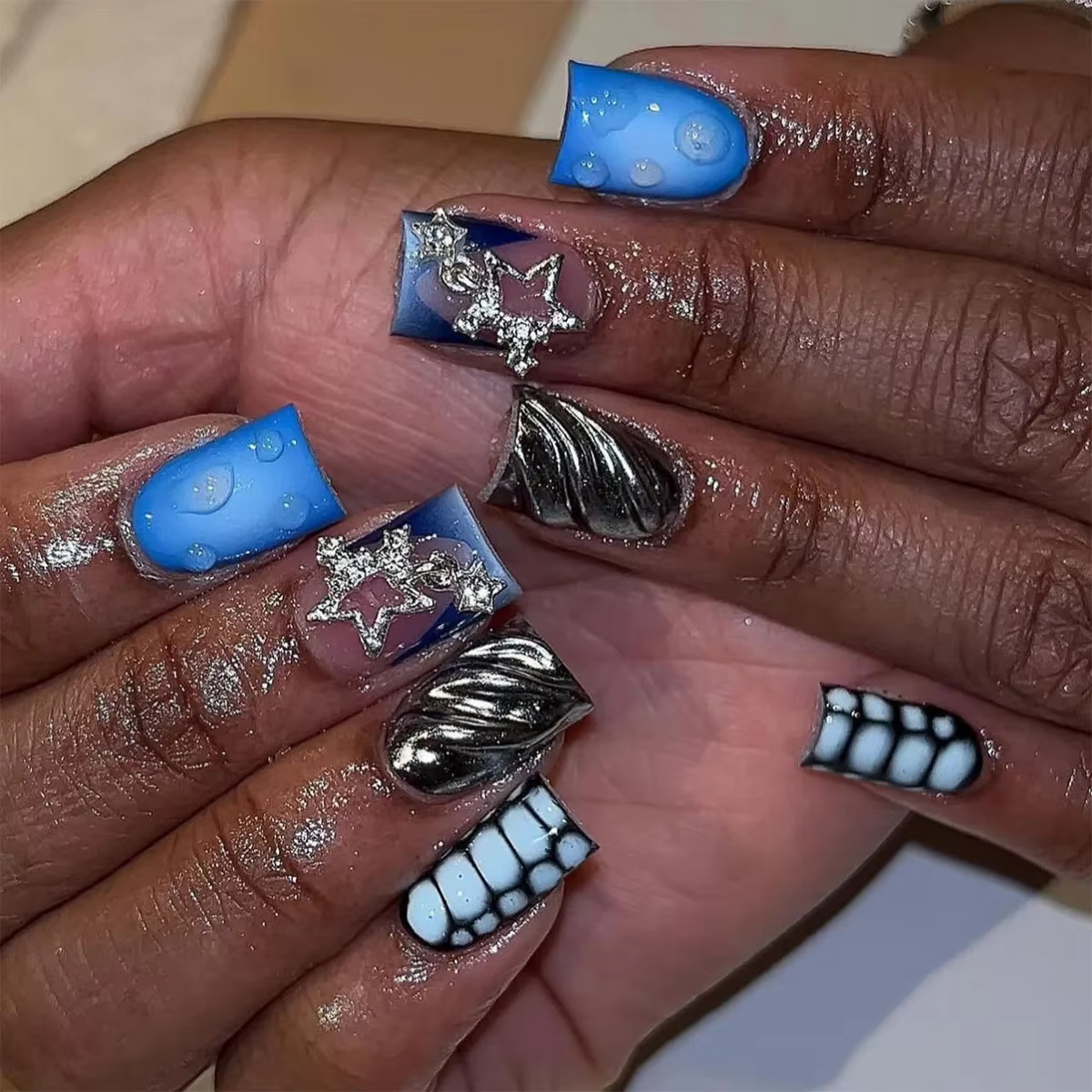 Zèbre rayures jaune blanc français Nail Art brillant strass fleur étoile faux ongles détachable fini