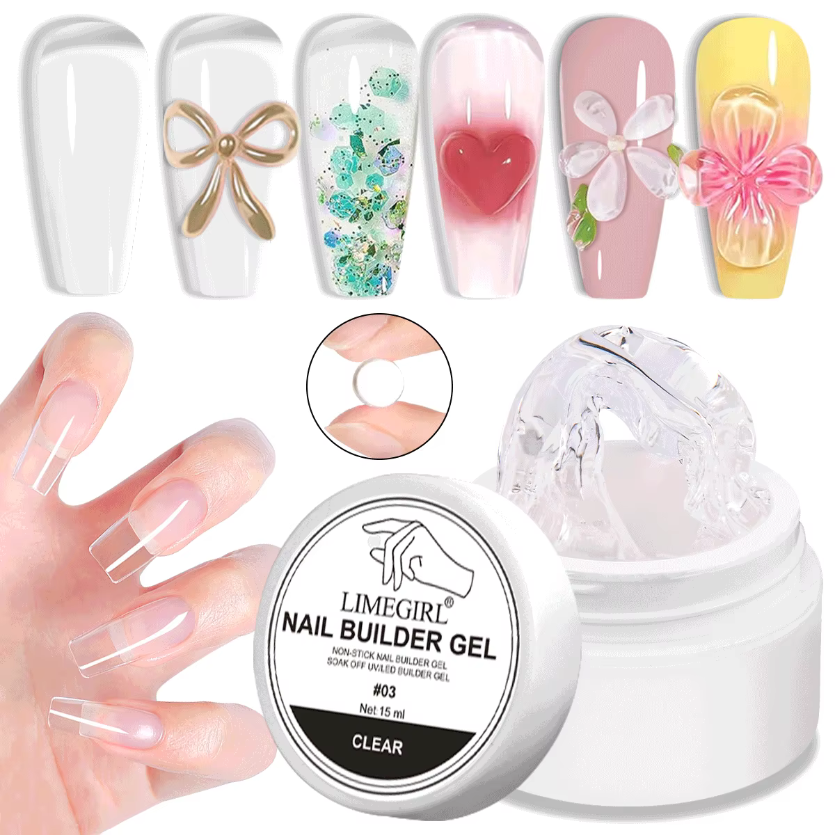 LIMEGIRL 15g Gel d'extension d'ongle solide antiadhésif photothérapie des mains Gel UV Gel de construction rapide