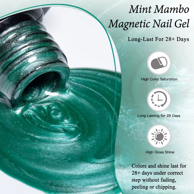 Vernis à ongles magnétique semi-permanent Mint Mambo Cat effet gelée avec perles de verre