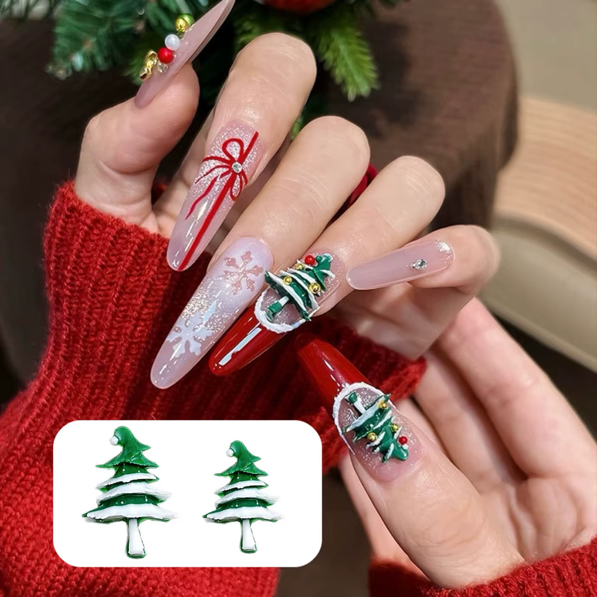 50 pièces 3D créatif arbre de noël résine Nail Art breloques dessin animé simulé neige vert