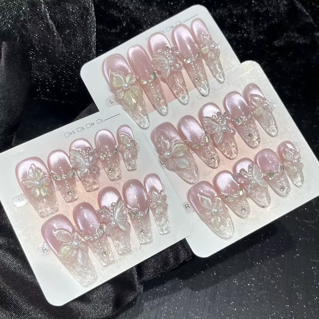 Faux ongles à presser faits main motif fleur de Bauhinia 3D printemps