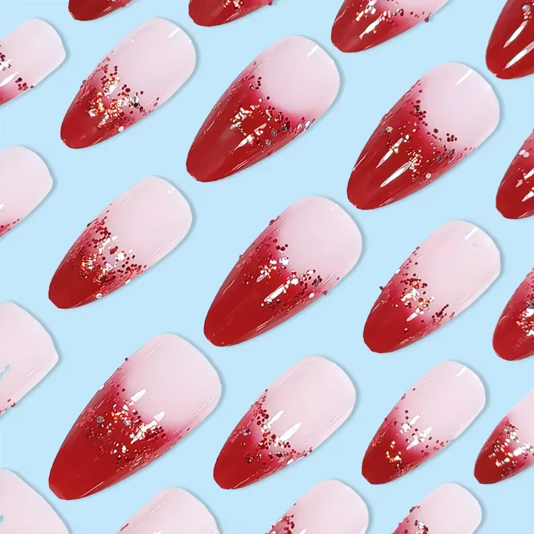 Faux ongles français à paillettes rouge vin