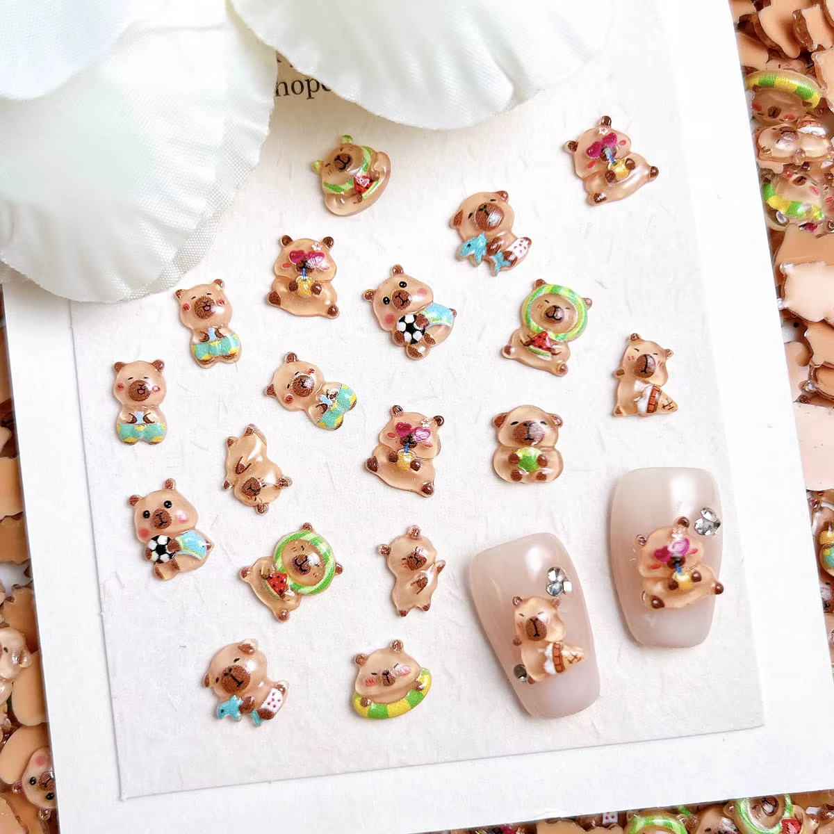 30 pièces roman réaliste marron Capybara résine ongles breloques 3D dessin animé mignon noix de coco dauphin cochon