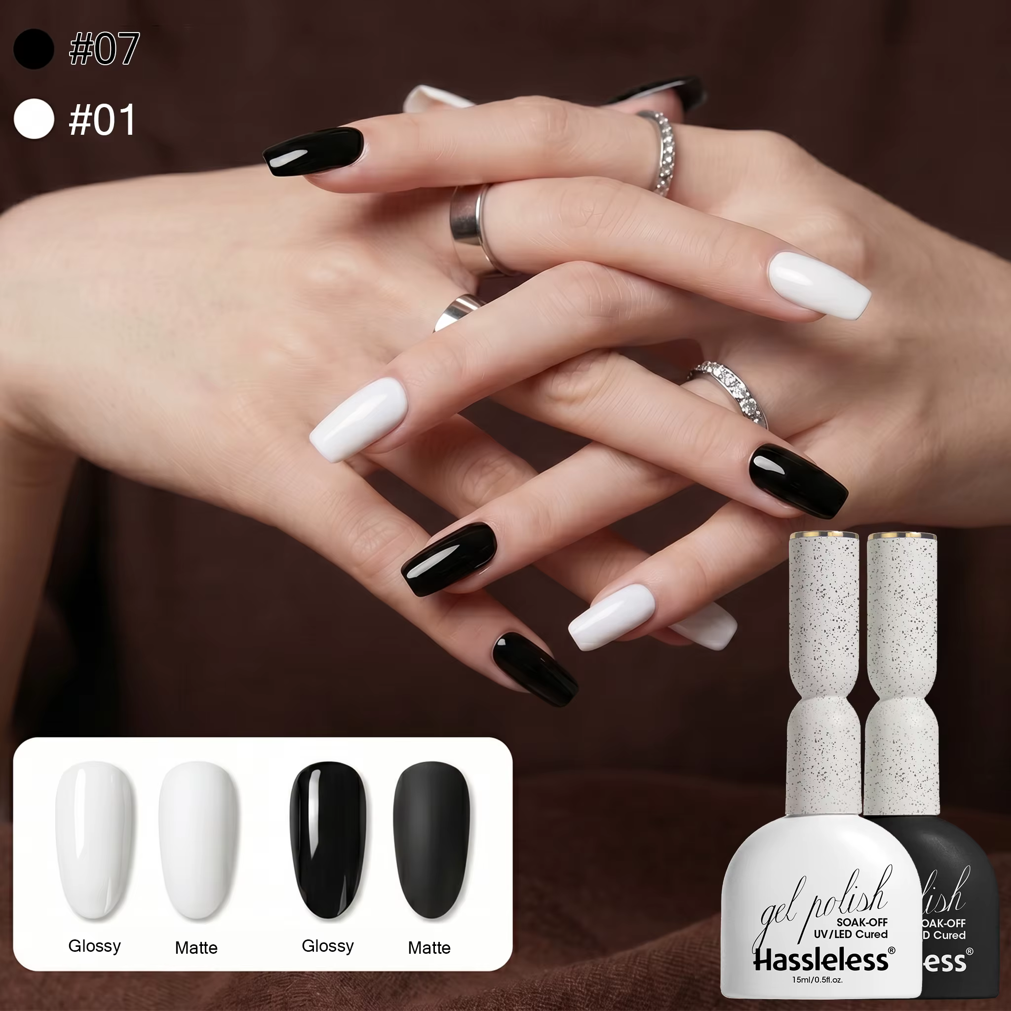 Gel à ongles noir et blanc uni sans tracas 15 ml