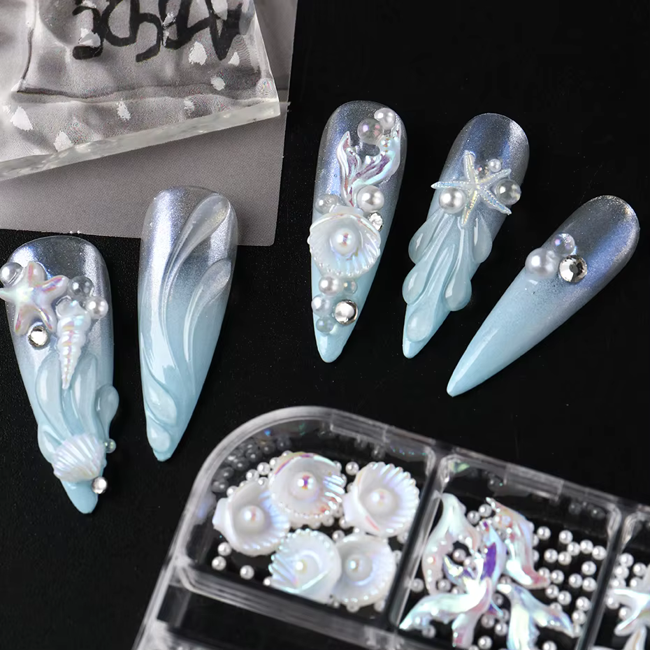 6 grilles de breloques pour ongles en forme de coquillages nacrés
