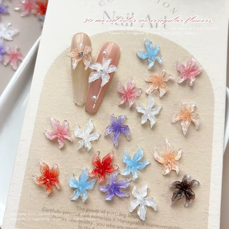 30pc mixte 3D résine dégradé coloré Transparent Lily Nail Art décoration Style bizarre tacheté fleur ongles breloques pour manucure