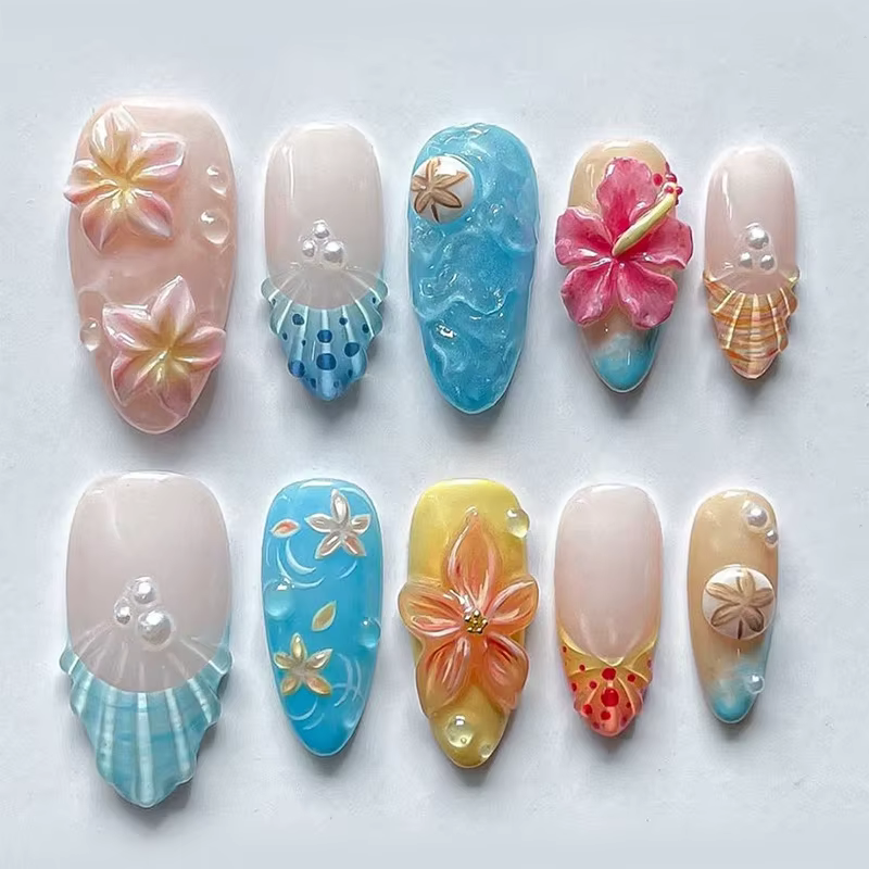 24 pièces fleur rose amande presse sur ongles Kawaii faux