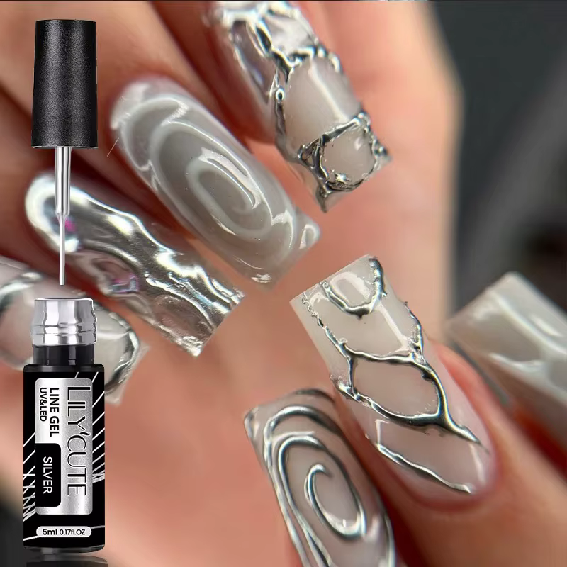 LILYCUTE 5ml Super brillant argent métallique peinture Liner Gel vernis à ongles dessin rayure Graffiti miroir tirer