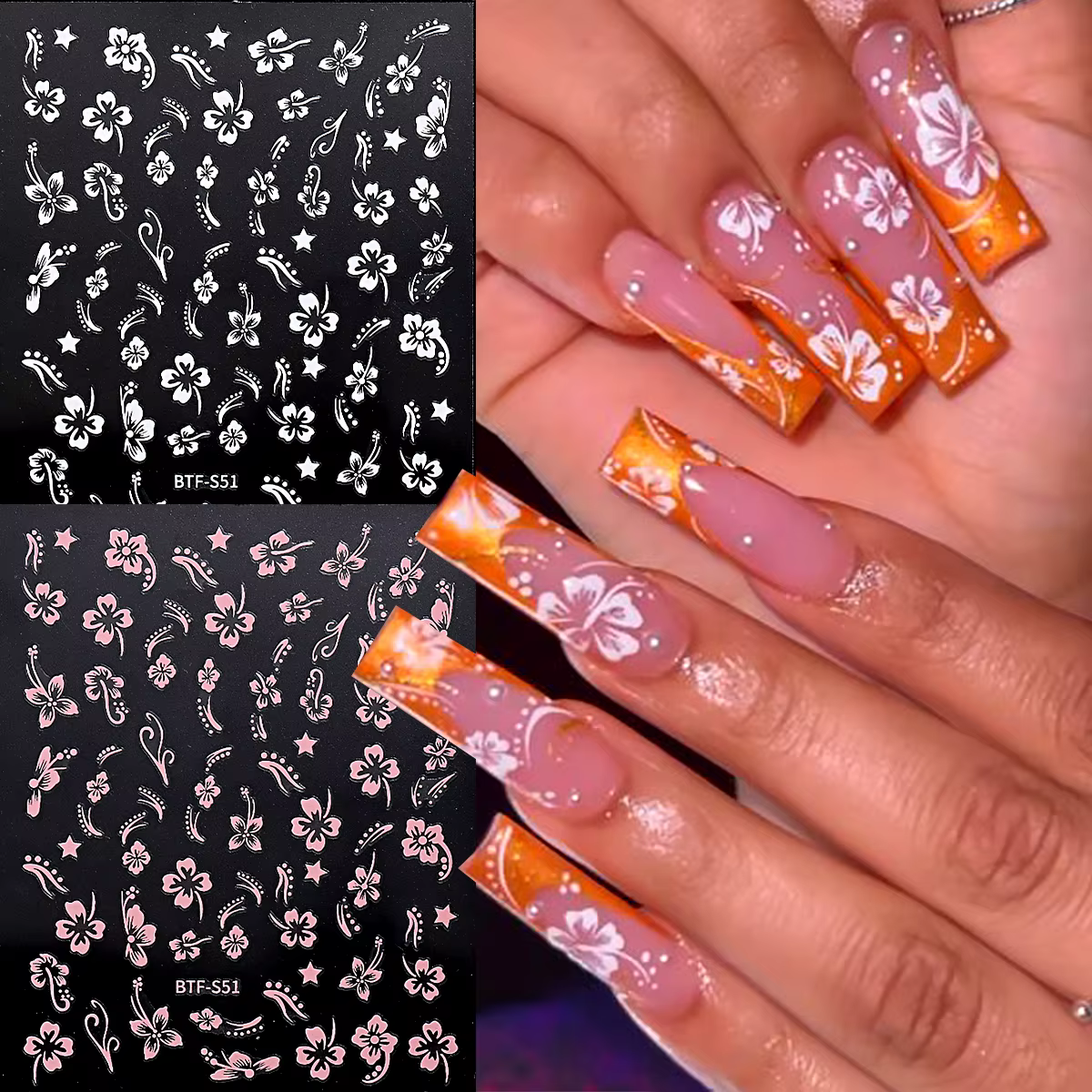 Autocollant pour ongles motif fleur d'hibiscus rose et blanc