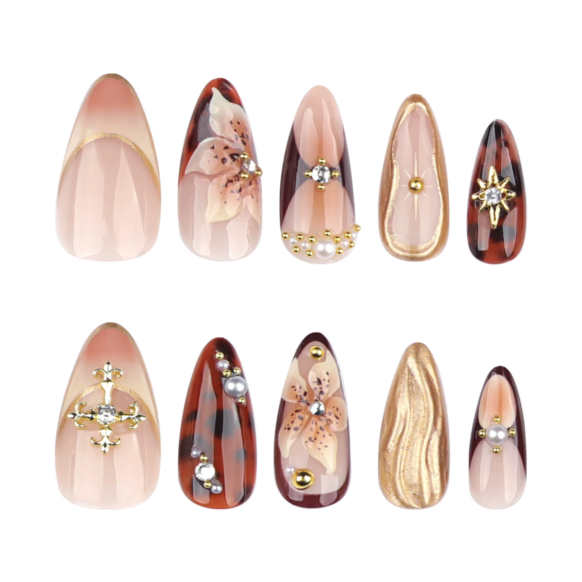 Faux ongles de luxe Maillard en amande à presser avec motif floral 3D et coquille, brillants et réutilisables, pour mariée