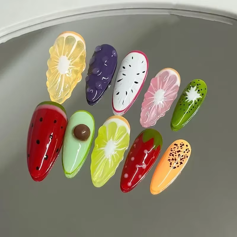 10 pièces à la main fruits d'été faux ongles avec outils 3d citron dessin animé fraise réaliste