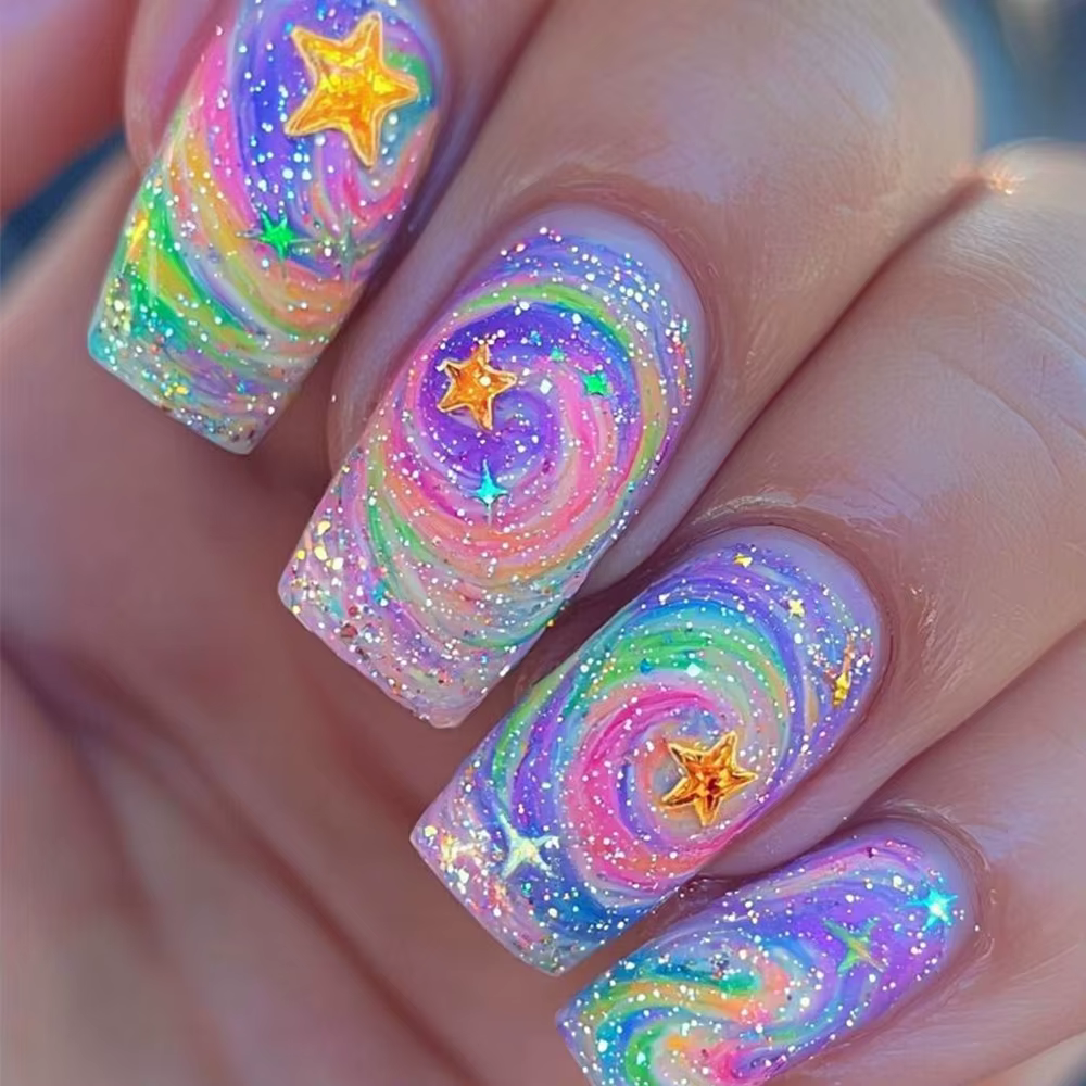 24 pièces rêveur étoile lune faux ongles papillon foncé acrylique presse