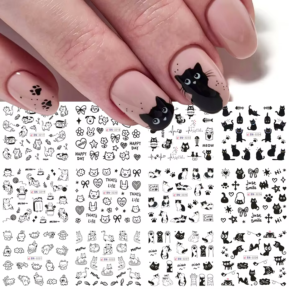 Autocollants à l'eau pour ongles chat noir