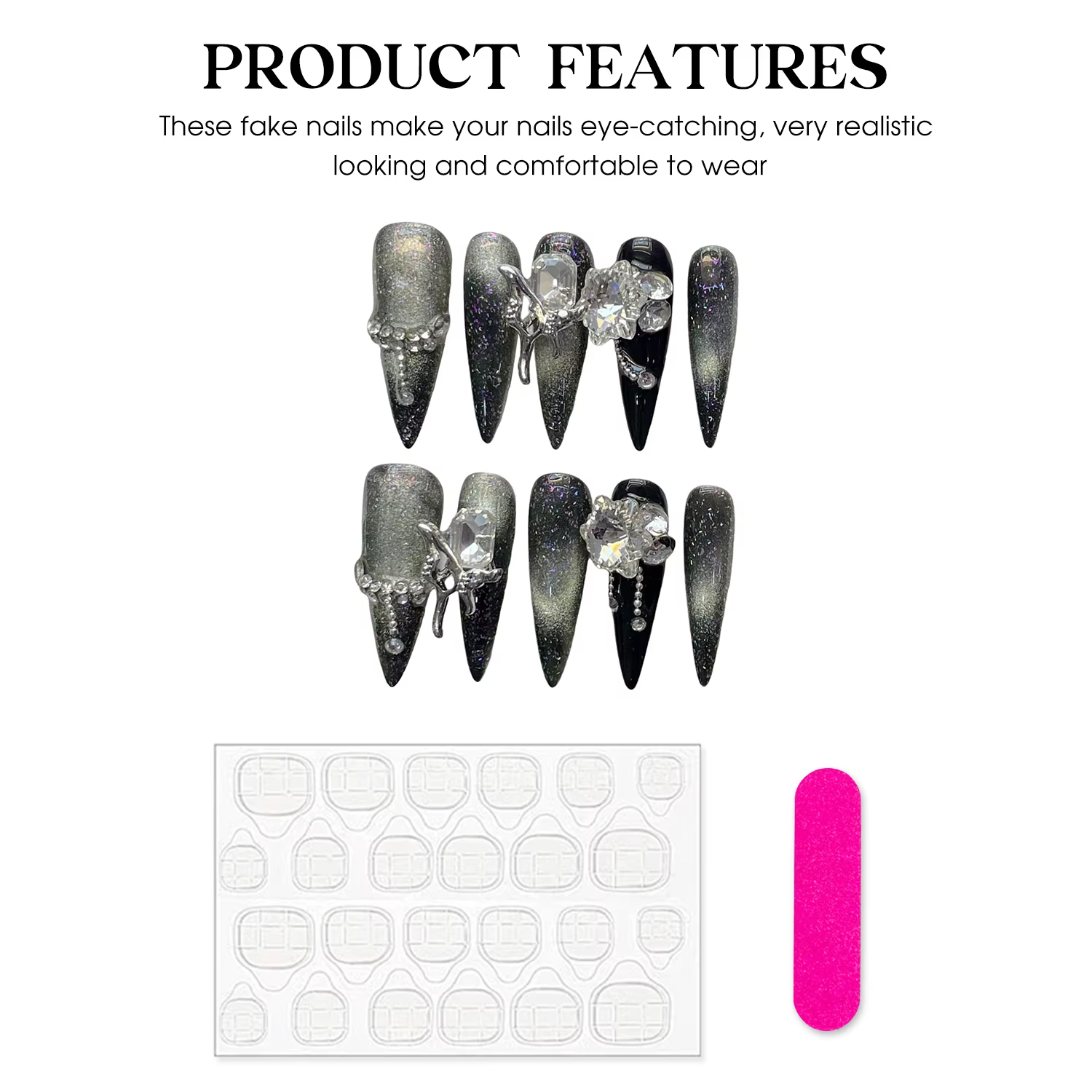 Presse faite à la main sur les ongles noir argent longue tête pointue faux
