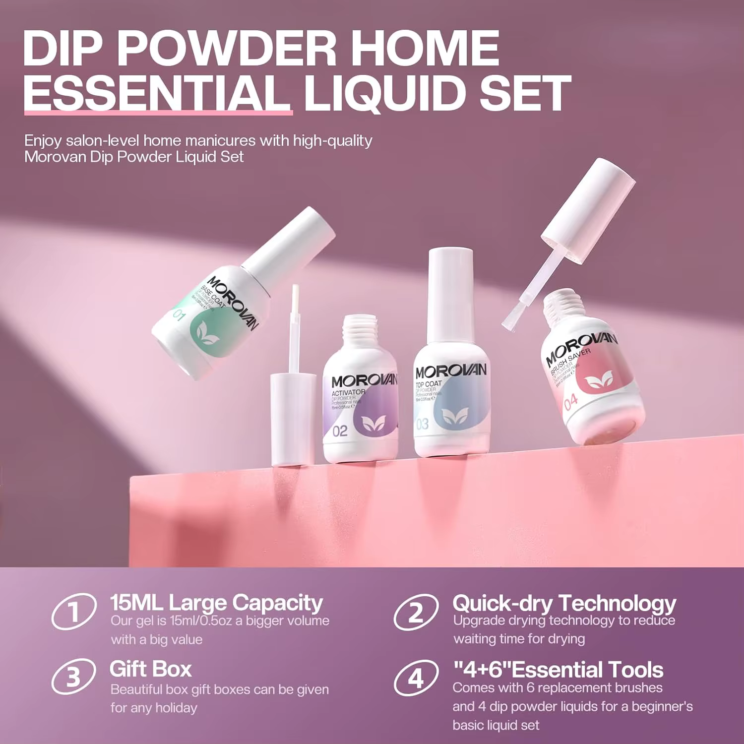 Ensemble de liquide de poudre de trempage avec couche de finition de Base d'activateur et économiseur de brosse