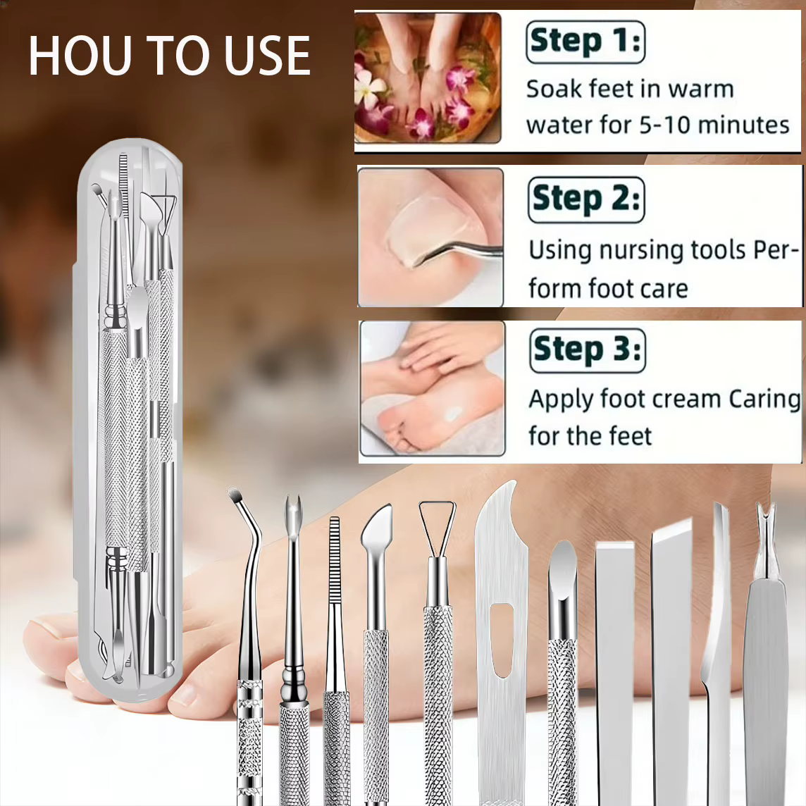 Outil de pédicure en acier inoxydable, pour enlever les peaux mortes et les callosités, outils portables pour le soin des cuticules des pieds, soins professionnels des pieds, 1/10/11 pièces