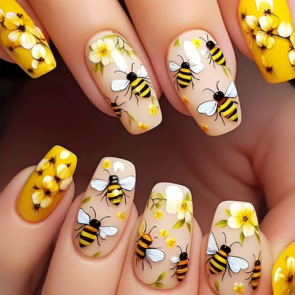 24 pièces/ensemble faux ongles courts moyens pour le printemps été belles fleurs colorées abeilles