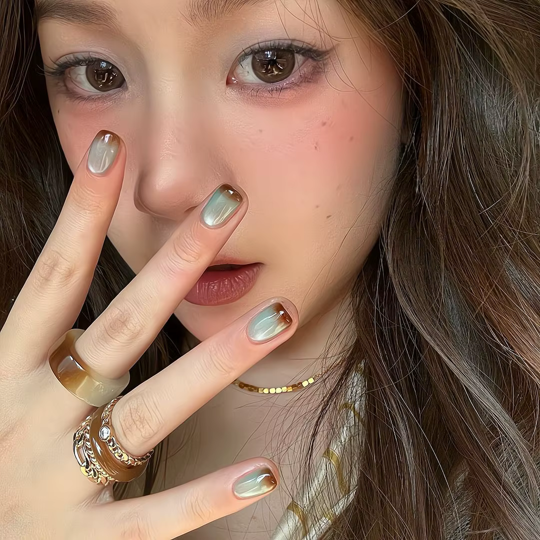 10 pièces ongles faits à la main marron-bleu Ombre oeil de chat presse