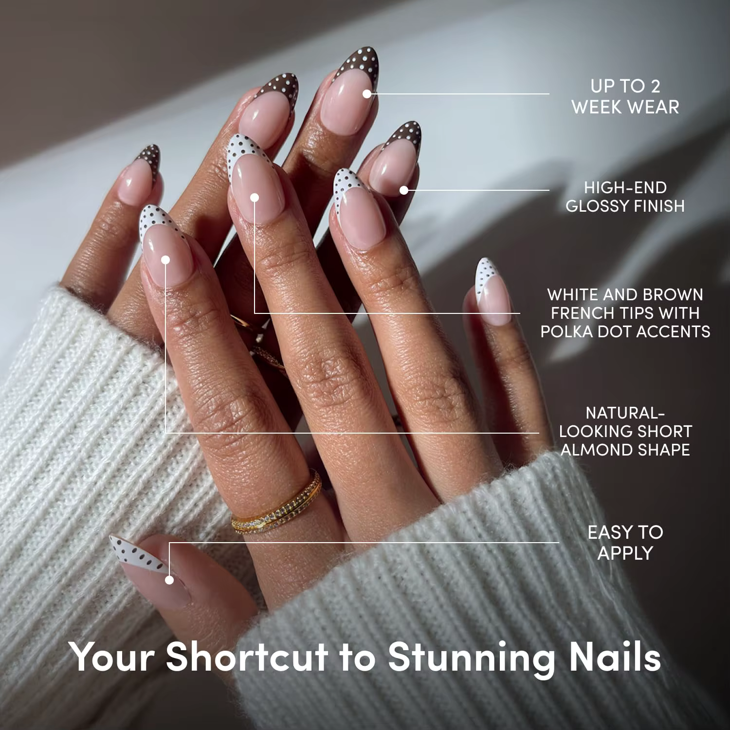 Faux ongles courts en forme d'amande avec pointes françaises à pois