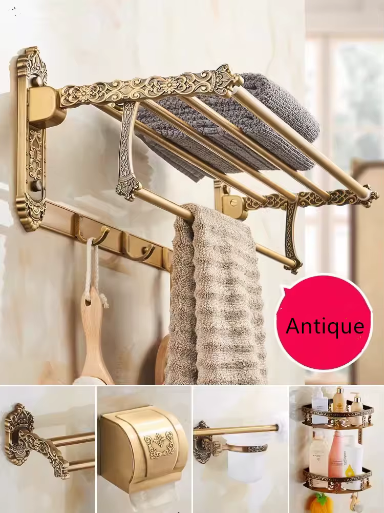 Accessoires de salle de bain en aluminium, bronze antique sculpté, porte-papier, porte-brosse de toilette, porte-serviettes T1